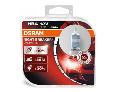 Галогенные лампы Osram Night Breaker Unlimited +110% HB4 12v 51w 9006nbuduobox