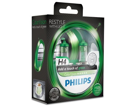 Галогенные лампы Philips Color Vision (зеленые) H4 12v 60/55w 12342cvpgs2