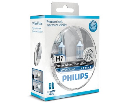 Галогенные лампы Philips White Vision +60% 4300k H7 12v 55w 12972whvsm